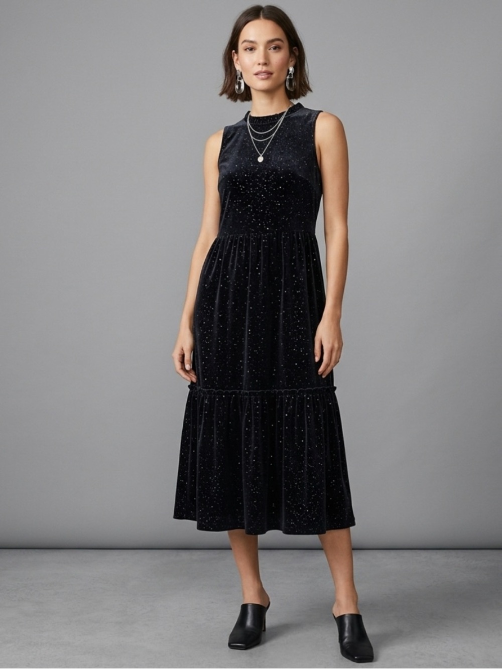 NWT J. Crew Black Velvet Sparkles Tiered Midi Dress Ruffles Women’s Size 6 NEW